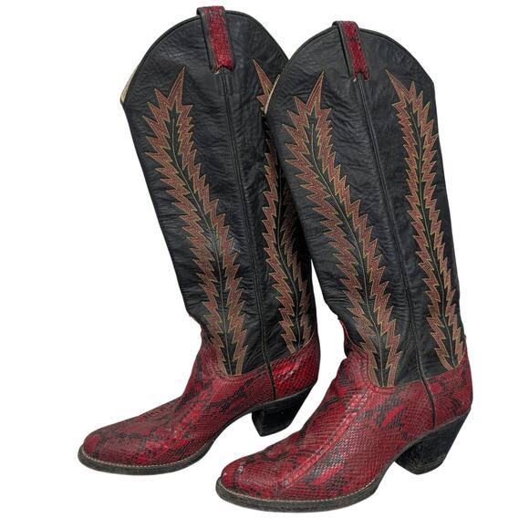 Larry Mahan Western Boots Womens 8.5B Python Snakeskin Red Color Block Rodeo - Picture 1 of 12